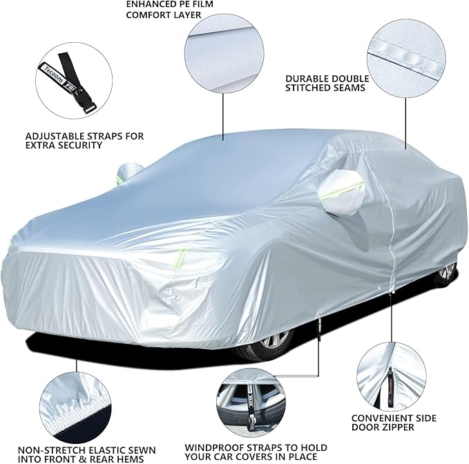 Tecoom Hard Shell Car Cover Oxford Fabric Waterproof UV-Proof Windproof with Door Zipper Design, All Weather Indoor Outdoor Fit for Sedan 201–210 Inches