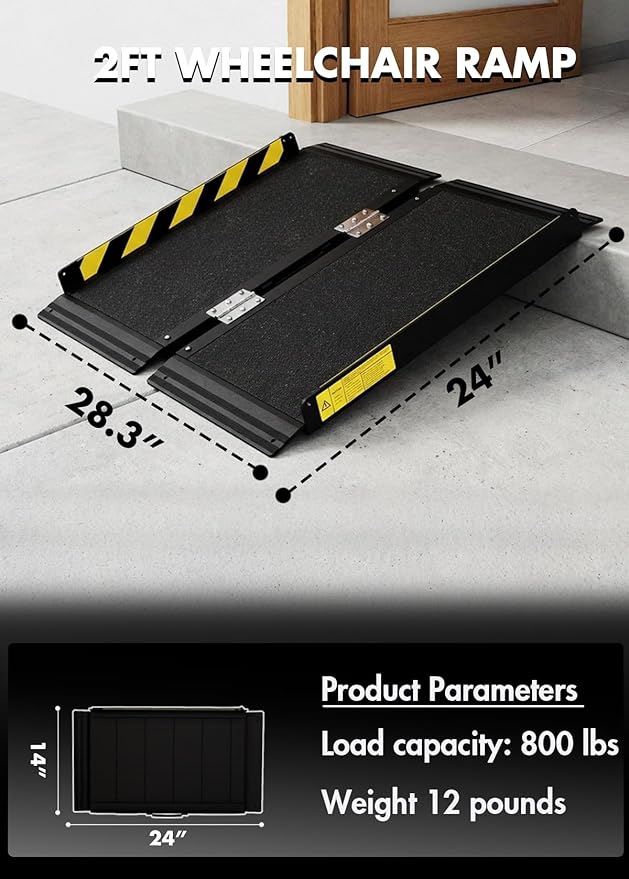 Portable Wheelchair ramp 2FT,Non-Slip Aluminum Threshold ramps for Home Steps,Folding Handicap ramp,doorways,Stairs,Scooter,Weight Capacity 800LBS (2FT(Usable Height 2-6 inch))