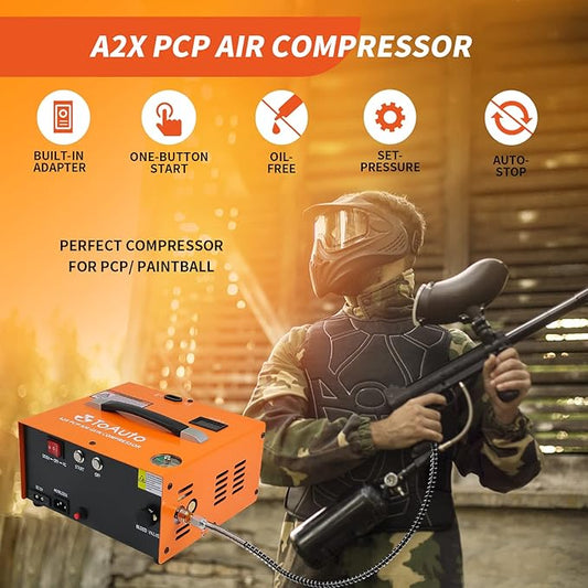 TOAUTO A2X Upgraded PCP Air Compressor, One Button Start, Auto-Stop, Portable 4500Psi/30Mpa, Oil/Water-Free, HPA Compressor for Paintball/PCP Air Rifle/Scuba Tank,Powered by Home 110VAC or Car 12VDC