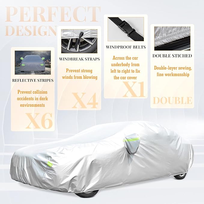 Car Cover, GORDITA Car Covers Waterproof All Weather Snowproof Windproof Scratch Resistant Outdoor UV Protection with 6 Reflective Strips, Size 3XL Universal Fit for Sedan (Up to 193")