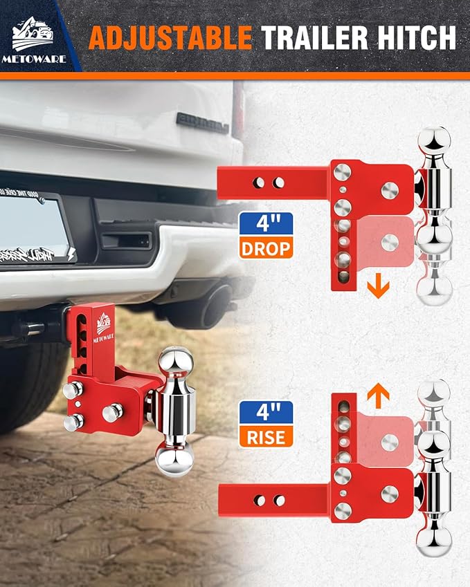 METOWARE Adjustable Trailer Hitches Fits 2 Inch Receiver, Adjustable Ball Mount with 4-Inch Drop/Rise (12,500 LBS GTW), Dual Ball (2'' x 2-5/16'') and Anti-Theft Stainless Steel Trailer Lock (Red)