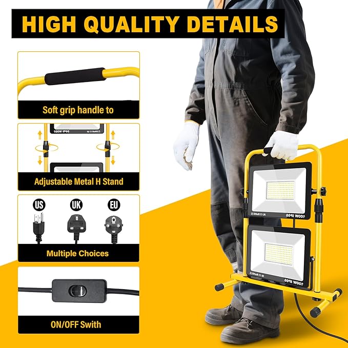 Willpower Portable Stand LED Work Light, 2X 100W 20000LM Floodlights Folding Job Site Security Lights for Camping Workshop Garage Garden Outdoor Lighting, 5M Wire with Plug, IP65, 6000K White