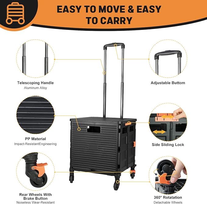 Foldable Utility Cart Folding Portable Rolling Crate Handcart Handcart Shopping Trolley Wheel Box with Lid,360°Rotate Wheels,Heavy Duty Durable Dolly Cart for Teacher Tourist Shopping Office Outdoor