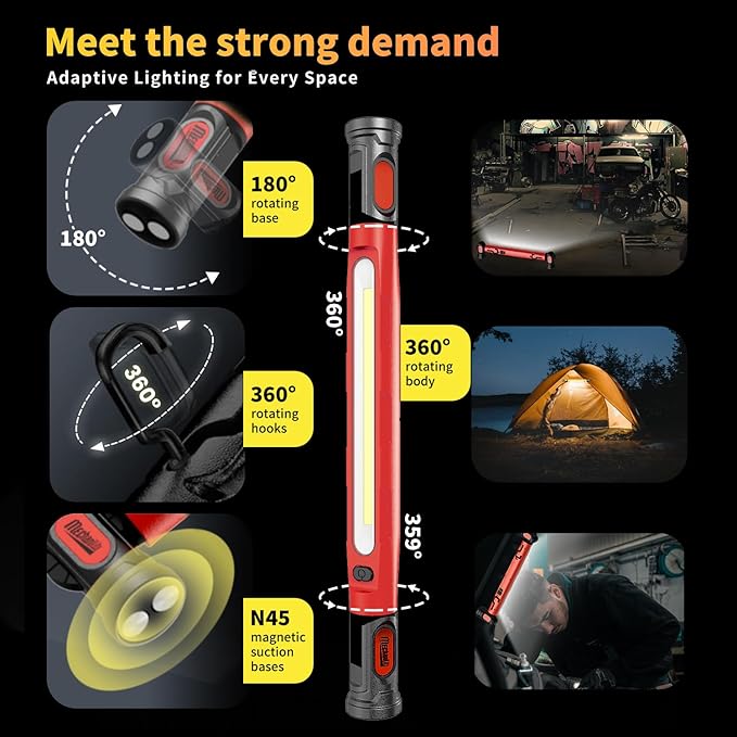 2Pack MechaniLite Under Hood Work Light Bar, 3000LM LED Magnetic Light Bar with Hooks, 5200mAh Cordless Rechargeable Hood Light for Mechanic/Car Repairing/Garage-Red