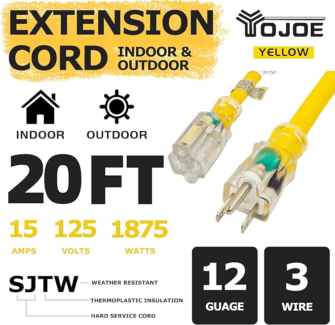 YOJOE Indoor Outdoor Extension Cord with Lighted End, 3 Prong 15A Weatherproof Power Cord, 12 Gauge Heavy Duty 20 ft Yellow Extension Cord for Garage, Garden and Home, 12/3 SJTW UL Listed