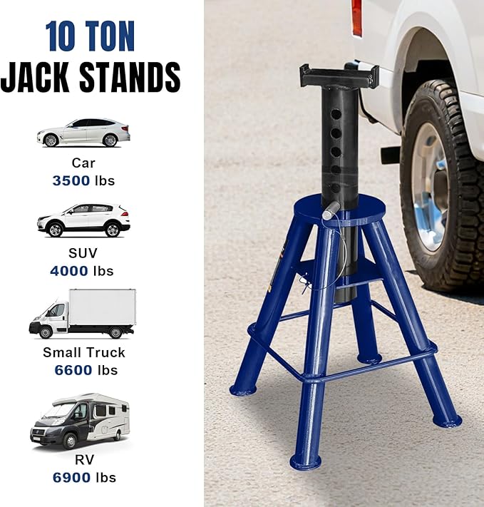 TCE 10 Ton (20,000 lb) Capacity Heavy Duty Steel Jack Stands, Medium Profile, 2 Pack, T70071 , Blue