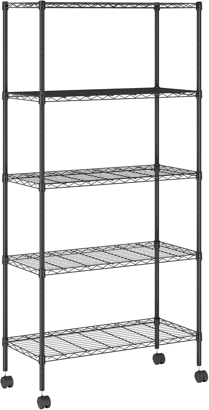 Furinno Wayar 5-Tier Metal Storage Shelf Rack Cart with Casters, 30 x 14 x 58, Black