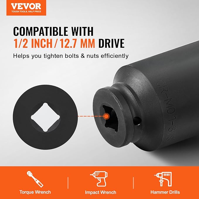 VEVOR Axle Nut Impact Socket Set, 1/2" Drive Deep 12-Point 8-Piece Metric Spindle Socket Set, CR-MO Heat Treated Large Socket Set with Storage Case, Auto Repair, Removing or Installing Axle Nuts