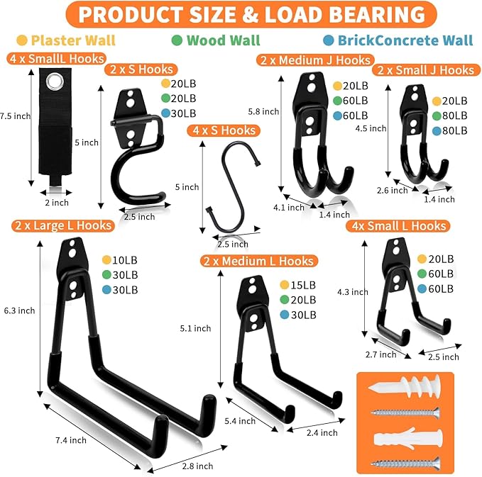 EZ COZY 20 Pack Garage Hooks Heavy Duty – Wall Mount Utility Hooks for Hanging, Garage Organization, Tool Hangers for Garage Wall, Ladder Holders, Assorted Sizes with Mounting Screws (Black)