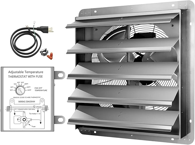 iPower 24 Inch Wall Mounted Shutter Exhaust Fan with Temperature Controller and Power Cord Kit, Aluminum, 1400 RPM, 4016 CFM, for Attic, Garage, Louvered Vent, Plant, Greenhouse, Silver