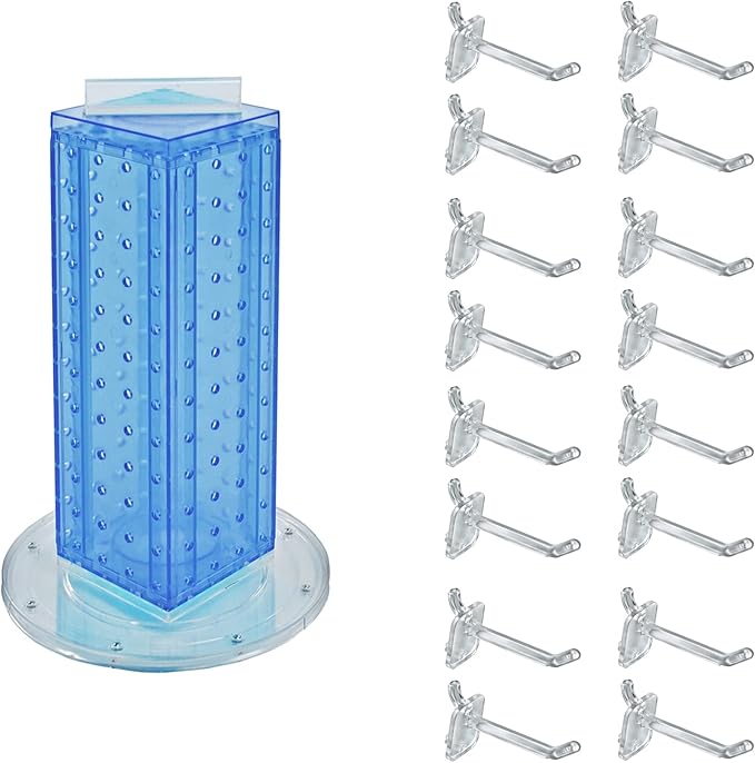 Azar Displays 700220-BLU-2C16 Four-Sided 4”W x 12” Revolving Pegboard Tower Kit Counter Display with 16-Pack of 2 inch Locking Hooks, Blue