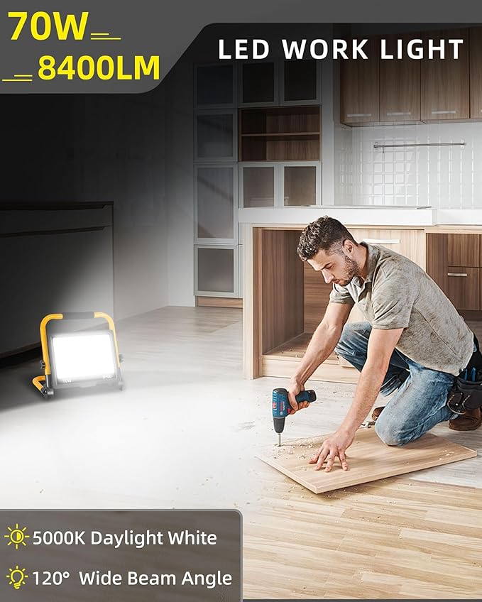 8400LM LED Work Light with 16FT Cord & Switch, 70W Outdoor Flood Light, IP66 Waterproof Portable Job Site Lighting with Stand, 5000K Dayight Worklight for Construction Garage Workshop Car Repairing