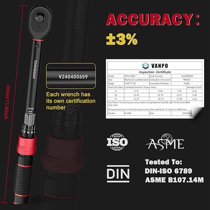 VANPO 3/8-inch Drive Click Torque Wrench, 5-45 Ft-Lb/6.8-61Nm, ±3% Accuracy, Dual-Direction, 72 Tooth, Aluminum Adjustable Torque Wrench for Bike, Motorcycle, Car Spark