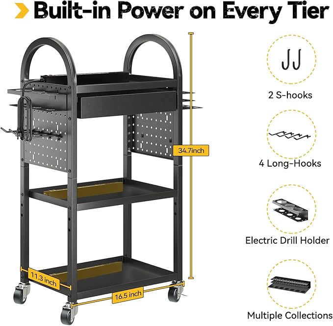 SOYEEZE Utility Cart with Charging Station and Drawer, 4 Tier Rolling Cart with Pegboard, Floor Tool Cart on Wheels, Heavy Duty Metal Garage Storage Rack with 8 Outlet Power Strip
