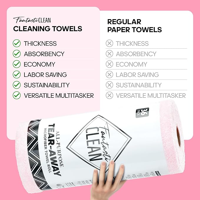 Fantasticlean Tear-Away Microfiber Cleaning Cloth Roll, 12'' by 12''- 36 Sheets, Thick & Large Detailing Towels, Ultra Absorbent, Lint-Free Reusable Wipes for Home, Car or Outdoor (Glossy Pink)