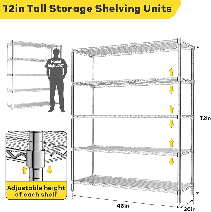 Storage Shelves, 4 PCS 48" L x 20" W x 72" H Heavy Duty Garage Wire Shelving Unit Loads 2000LBS, 5-Tier Adjustable Metal Industrial Utility Shelf Rack for Kitchen, Laundry Room, Basement