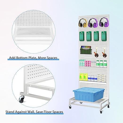 NectaCol Metal Pegboard Display Stand with Base Plate, Two Separately Pegboard Panels, 2'x 5' Standing Pegboard Display with four Wheels, Peg Board Display Rack, Extra 30 pieces Hooks (White)