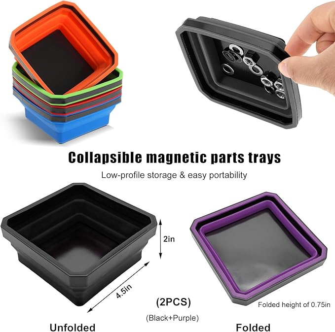 Collapsible Magnetic Parts Tray, 4.5 Inch Foldable Magnetic Square Silicone Tray, Tool Tray Set with Double-Sided Magnetic Base for Screw Bolts Nuts Pins, Car Accessories (Black+Purple, 2PCS)