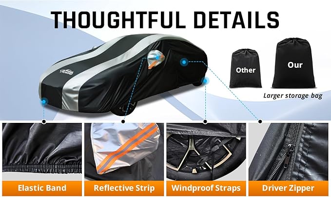 Car Covers for Automobiles All Weather Waterproof with Silver Stripe Design, Universal Fit Kia Stinger K5/Optima, Chevy Malibu, Cadillac CT4, BMW 3 Series(19-25), Benz C-Class(22-25)