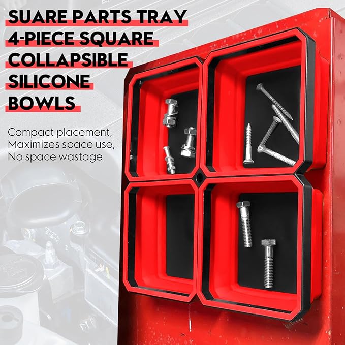 Collapsible Magnetic Trays, 4 Pack Foldable Silicone Magnetic Tool Trays for Small Metal Parts, Bolts, Screws, Nuts, Washers, with Double Sided Magnetic Base, 4.5in Square(Red)