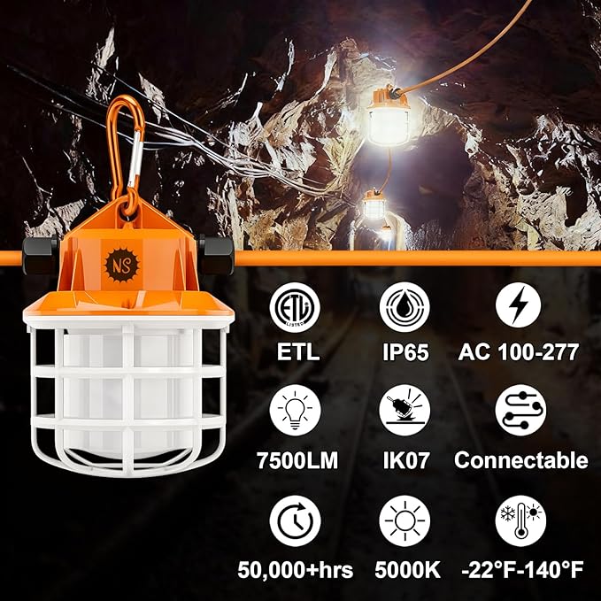 NS 50FT Construction String Lights LED Industrial Grade Super Bright 5000K IP65 Linkable for Construction Sites, Temporary Work, Renovation, Jobsite, All Outdoor Lighting, with 5 Bulbs and Hook