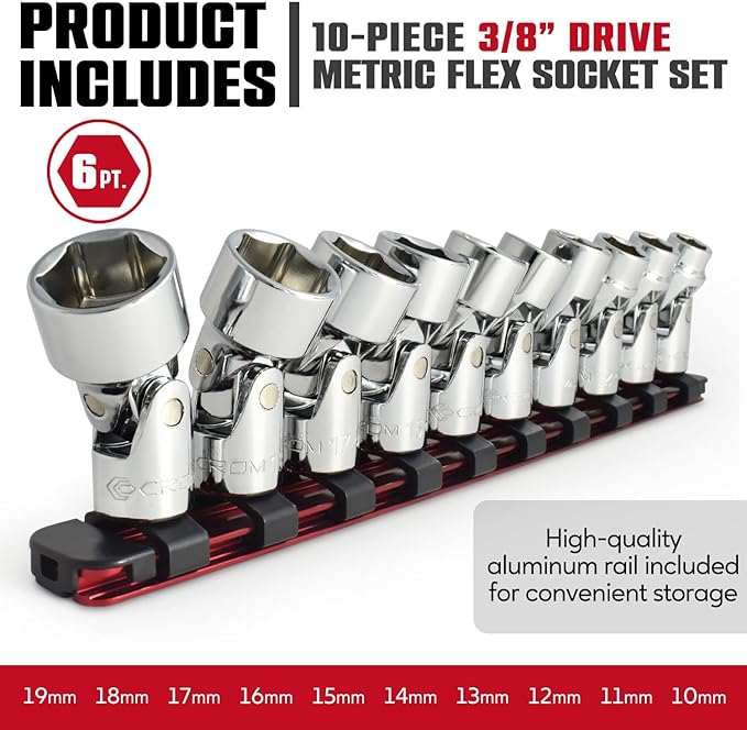 CROM Universal Flex Socket Set - 3/8 Inch Drive 6-Point 10-Piece Swivel Socket Set from 10mm to 19mm Metric - Swivel Joint for Easier Access to Tight Spaces - Aluminum Socket Storage Rail Included