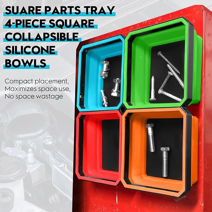 Upgrade Collapsible Magnetic Parts Tray Set-4 Pack Magnetic Tool Trays for Screw Bolts Nuts Washers Pins & Small Metal Parts, 4.5” Square Silicone Bowls with Magnetic Base(4 Color)