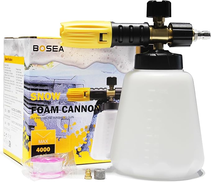 BOSEA Foam Cannon for Pressure Washer - 4000PSI Adjustable Car Soap Dispenser for Pressure Washer - Heavy Duty Foam Sprayer with M22 and 1/4" Quick Connector, 1L Bottle
