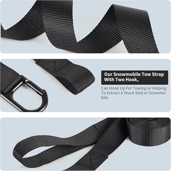 Heavy Duty Snowmobile Tow Straps, Long Reinforced Emergency Gear ATV Tow Rope with Two Hooks 3 Point Strips, Sled Pulling Straps for Ski Snowboard Accessories Kit