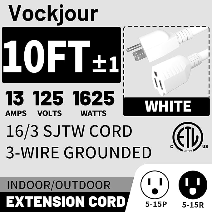 10 Ft 13A 1625W 16AWG White Indoor Outdoor Extension Cord Waterproof, Extension Cord with 3 Prong Grounded Plug, Flexible Weatherproof Power Cable, SJTW