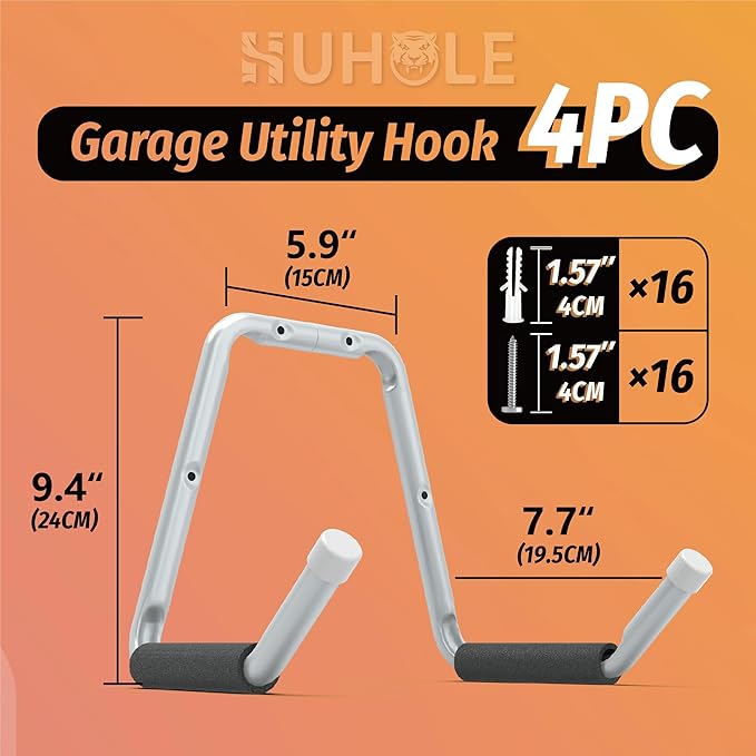 HUHOLE Garage Hooks Heavy Duty–4 Pack Jumbo Utility Hangers for Garage Wall Organizer, 100lbs Load Capacity U-Hooks with Anti-Scratch Foam Protection for Ladders, Folding Chairs, Tools & Hoses