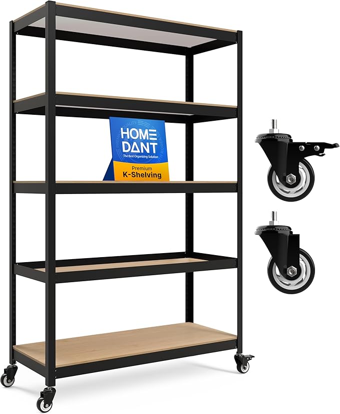 HOMEDANT House 48.1" 5-Tier Metal Rolling Cart Shelf Rack Casters Heavy Duty Laminated Wheel Shelving Unit Adjustable Utility Storage Shelves Shelf Kitchen Garage Black 1Pack