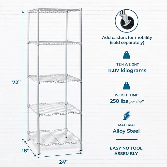 Honey-Can-Do 5-Tier Heavy-Duty Adjustable Shelves, Metal Storage Rack with 250-lb Shelf Capacity, White, 18" W x 24" L x 72" H