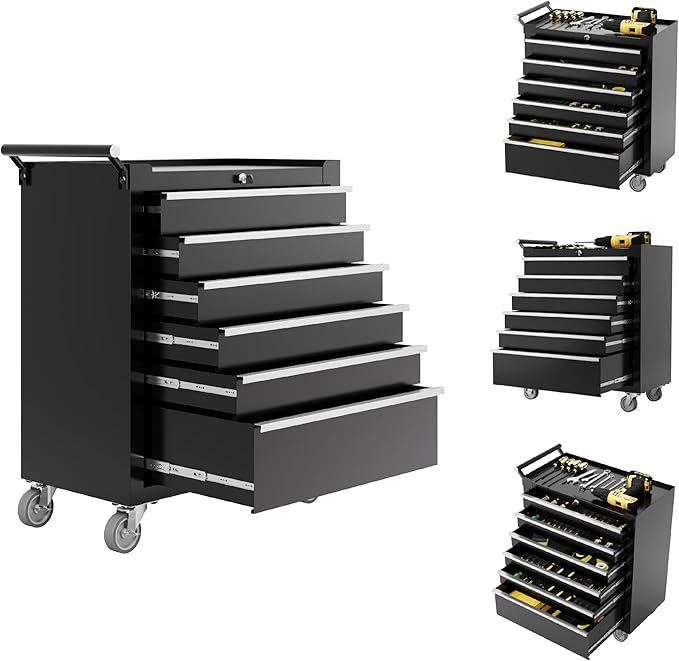 IDEALHOUSE Rolling Tool Chest, 6 Drawers Tool Storage Cabinet, Toolbox with Wheels, Portable Tool Cabinet Organizer with Locking System & Drawer Liners, Tool Storage Cart for Garage, Workshop, Black