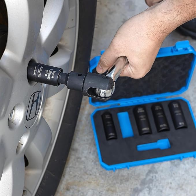 NEIKO 02340A Twist Socket Set, 6 Pc Lug Nut Extractor, SAE & Metric, 1/2 Inch Dr. Impact Flip, 6 Point, CR-Mo Steel Wheel, 3" Impact Extension Bar, Black
