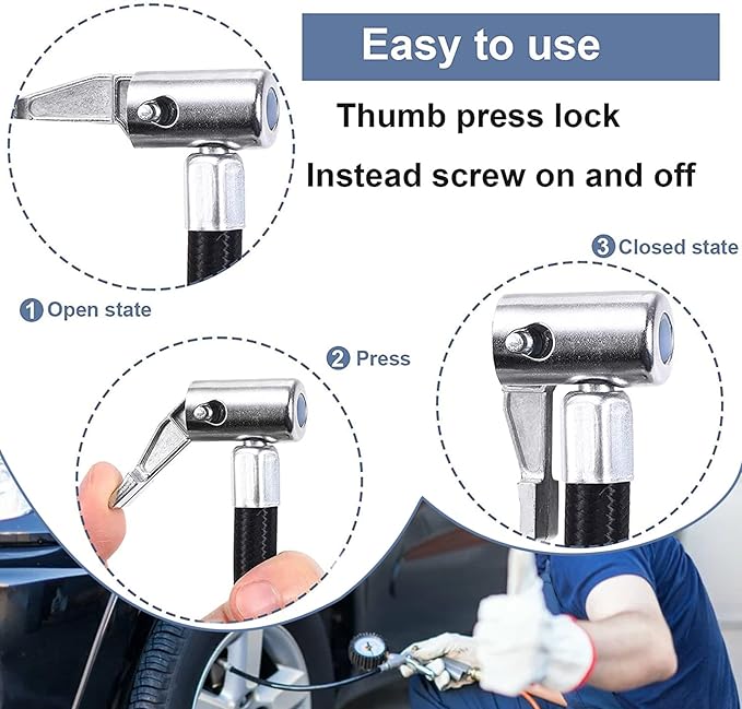 50cm 20inches Ultra-Long Tire Inflator Hose Adapter, Thumb Press Locking Tire Chuck, Fast Inflation, Quick Release and Connect, Universal for Cars, Motorcycles and Bicycles, 1pc.
