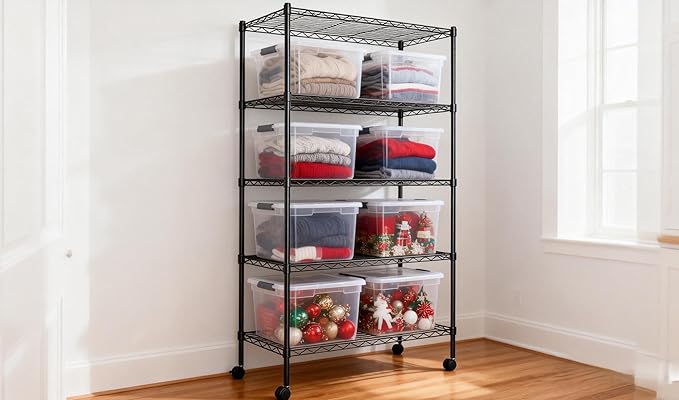 Simple Deluxe 5-Tier Heavy Duty Adjustable Shelf with Wheels, 23.23”W x 13.39”D x 59.45”H,Metal Storage Rack, Easy Tool-Free Assembly for Garage, Warehouse, Basement, Laundry, Black