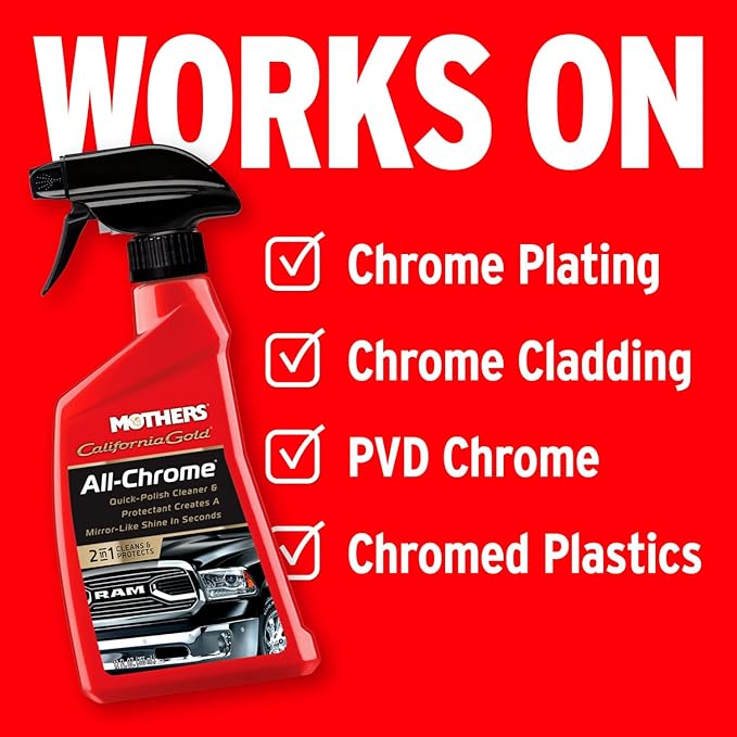 Mothers California Gold All-Chrome, 12 oz. – Cleans & Polishes Chrome, PVD & Chromed Plastics, Removes Fingerprints, Bugs, Water Spots & Smudges, Leaves a Brilliant Shine & Protective Barrier (05222)