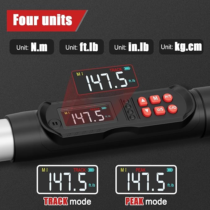 VANPO Adjustable Digital Torque Wrench, 7.4-147.5Ft.lb/10-200Nm, ±2% Accuracy, HVAC Torque Wrench Interchangeable 38mm Jaw & 1/2" Ratchet, Buzzer, Vibration and LED Alert for Split AC, Car