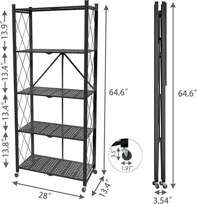 5 Tier Folding Shelf with Wheels,Metal Steel Collapsible Shelves,No Assembly Portable Shelves Organizer Rack,Rolling Standing Utility Rack for Kitchen, Pantry, Office, Black