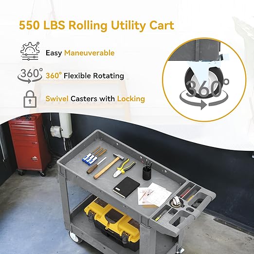 DWVO 2 Tier Utility Cart on Wheels, 550 lbs 2 Shelf Heavy Duty Plastic Rolling Carts, 40 x 17 in Plastic Tool Cart Work Cart with Locking Swivel Wheels & Handle for Warehouse Garage School & Office