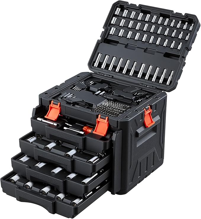 VEVOR Mechanics Tool Set, 256-Piece Mechanic Tool Kit, 1/4 in, 3/8 in, and 1/2 in Drive, SAE and Metric Socket Set, Wrenches, Screwdriver Bits, Accessories, and Storage Case, for Automotive Repair