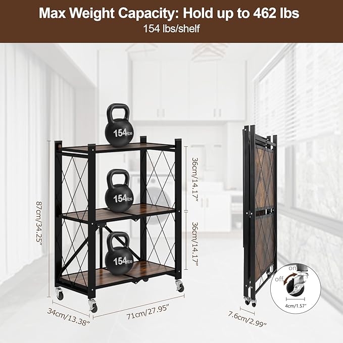 3 Tier Folding Shelf with Wheels, Wood and Metal Bookshelf, no Assembly Foldable Storage Shelves, Vintage Storage Rack for Living Room, Bedroom, and Home Office