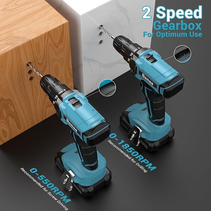 21V Power Drill Cordless, Bamse Electric Drill Set with 2.0Ah Battery Charger, 3/8”Keyless Chuck, 2 Variable Speed, 18+1 Torque, 20pcs Driver Bits and Belt Hook for DIY Projects, Blue