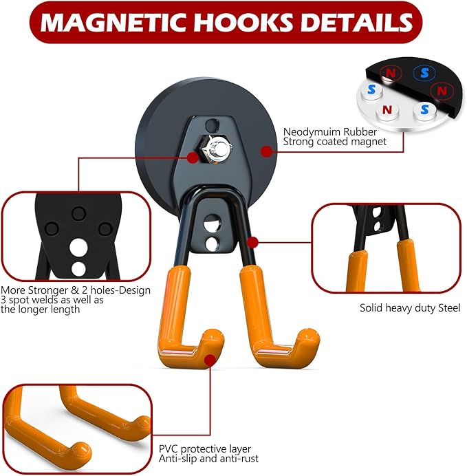 3-H Magnetic Hooks Heavy Duty, Magnet Garage Hooks Heavy Duty and Strong Utility Magnetic Tool Holde for Hanging and organizing Large Power Tool, Ladder, 2.6" Strong Magnetic Orange(4Pack)