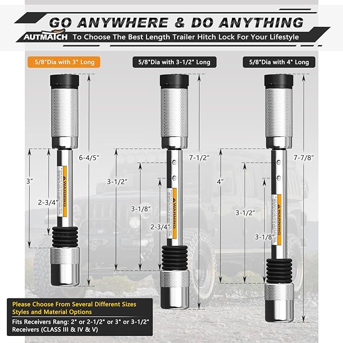 AUTMATCH Trailer Hitch Lock 5/8" - 3" Extra Long Span & Anti-Theft Hitch Locking Pin, Fits Class III IV 2" Receivers, Heavy Duty Towing Lock Pin for Jeep, Trailer, Truck, RV, Bike Rack, Boat, Silver