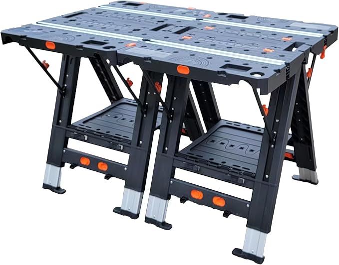 Anyyion Work Bench,2-in-1 Folding Work Table and Sawhorse, 31" W x 25" D x 28”-31" H,Easy Setup Portable Workbench, 4pcs Clamps, 2pcs Bench Dogs