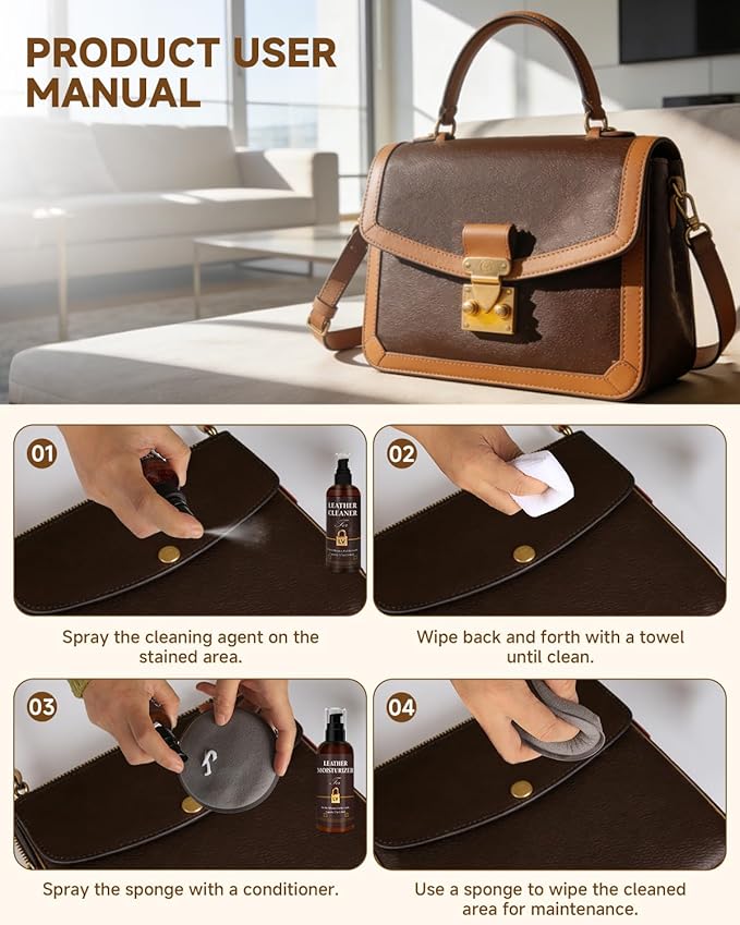 Leather Cleaner & Moisturizer Set for Louis Vuitton, Cleaning and Maintenance Set for LV, Powerful Stain Removal, Gentle Care, Suitable for LV Handbags/Wallets and Other Luxury Brands
