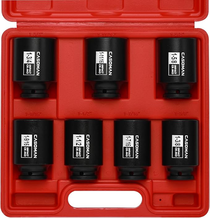 CASOMAN 1/2-Inch Drive Deep Spindle Axle Nut Impact Socket Set, Inch, Cr-Mo, 6-Point, 1-3/8-Inch - 1-3/4-Inch, 7 Piece Axle Socket Set