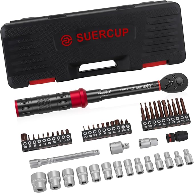 1/4" 50 PCS Torque Wrench Set, 3-25Nm 72 Tooth Drive Click Torque Wrench Set with S2 Bit Sockets, 1/4" Extension Bar and 3/8" Adapter, Used for Bicycle Maintenance and DIY